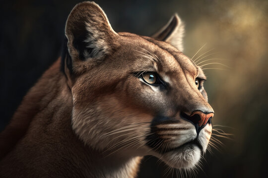 Generative AI illustration image of wild calm brown lioness looking away against blurred background
