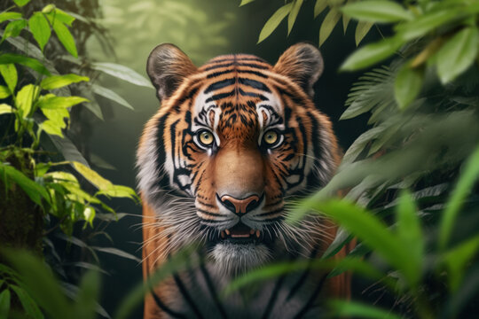 Generative AI image of dangerous wild tiger with striped fur and green eyes hiding in green foliage and looking at camera during hunt