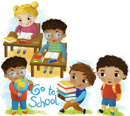 cartoon scene with school kids pupils together having fun learning on white background illustration for children