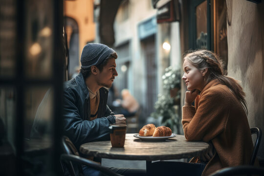 Young couple sitting at street cafe - Generative AI
