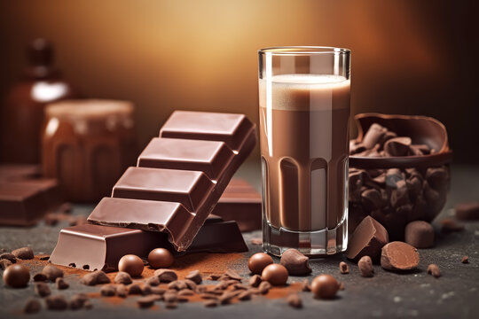 VASO DE LECHE CON CHOCOLATE Y BARRAS DE CHOCOLATE NEGRO. IA GENERATIVA. HORIZONTAL. COLOR. 