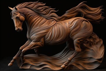 Wood sculpted horse. Ai. Wooden decorative carving