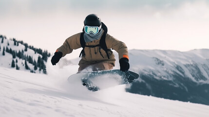 Jumping snowboarder from the hill in winter mountains, doing trick