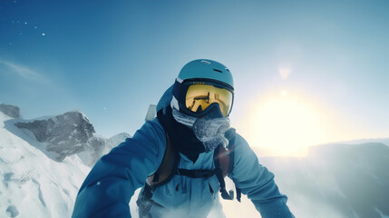 Fototapeta na wymiar Snowboarder on the top of the mountain