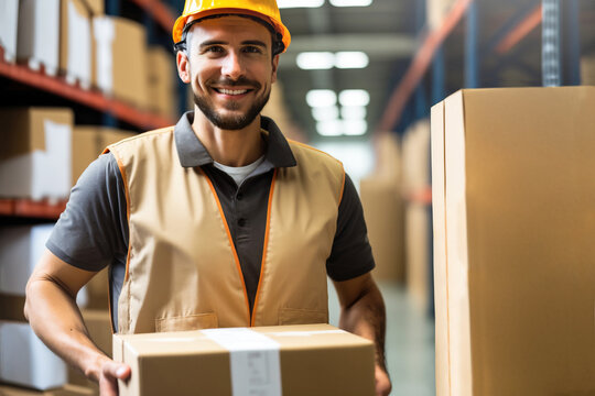 Man worker in uniform and yellow helmet standing in warehouse retail storage with carton box in hands, sorting or unloading goods. Generative AI