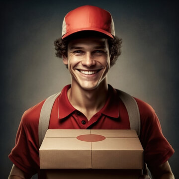 Portrait of happy cheerful courier man holding paper box with pizza isolated on gray background, dressed in red uniform and cap. Food delivery service.Generative AI