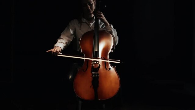 Professional Cellist Preparing To Start Playing Cello With An Elegant Movement Of Placing A Hand On The Fingerboard And A Bow On The Strings In A Dark Room