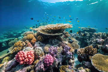 Naklejka na ściany i meble Underwater world with fish and corals