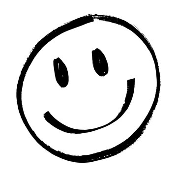Happy face vector, emoji, expression. Irregular shapes made with marker pen, brush. Black smiley on isolated white background. Illustration of different facial expressions: joy, happiness. Free-hand.
