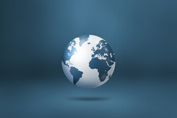 World globe, earth map, isolated on blue. Horizontal background