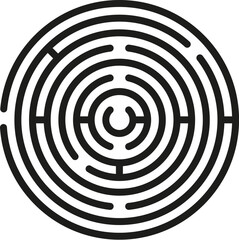Circle maze. Round labyrinth with one entrance and target. Black vector maze icon isolated on white background.
