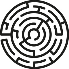 Circle maze. Round labyrinth with one entrance and target. Black vector maze icon isolated on white background.