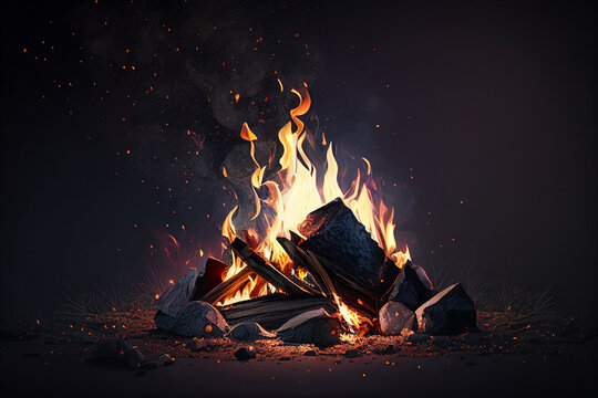 Burning campfire on a dark background. generative ai