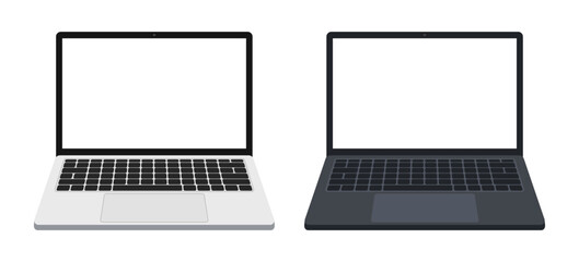Front view of of white and black laptops. Vector mockup.