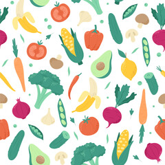 Fruits and vegetables pattern. Healthy vegetarian or vegan food. Hand drawn vector illustration in trendy minimalist style