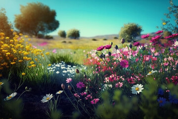 Obraz na płótnie Canvas Spring Meadow: A Colorful Landscape Photography generative ai