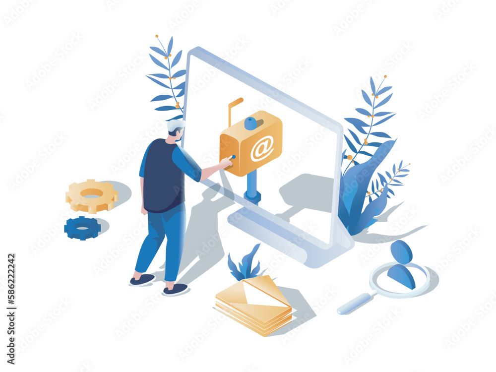 Poster Email concept 3d isometric web scene. People sending and receiving letters at mailbox, using online correspondence computer programs for communication. Vector illustration in isometry graphic design