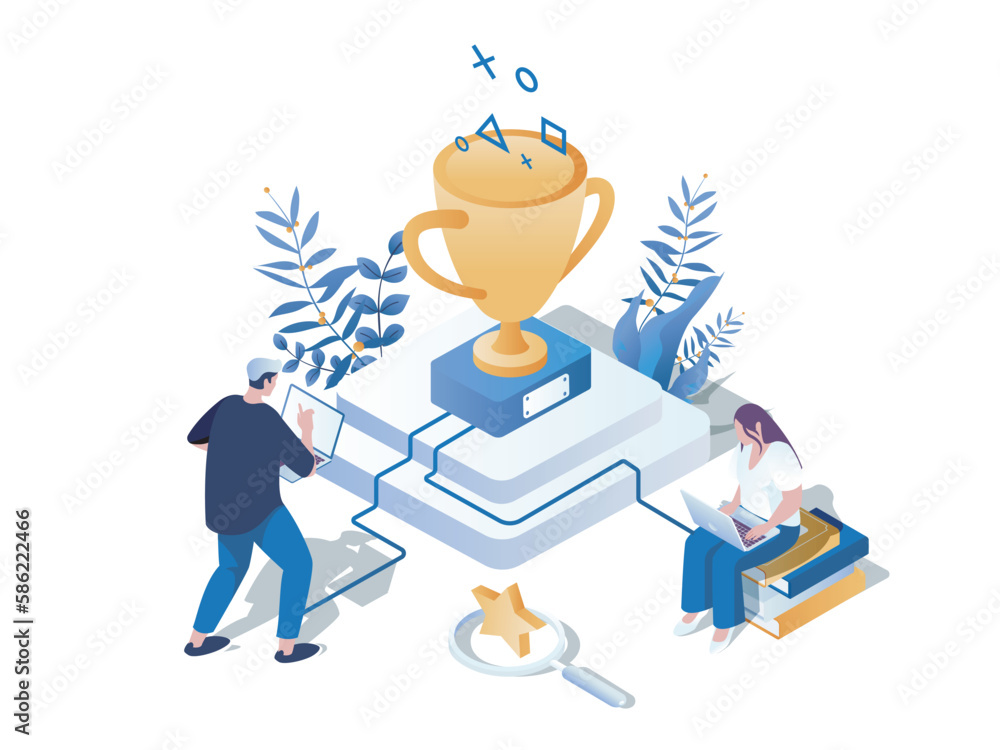 Poster Gamification in learning concept 3d isometric web scene. People studying, achieved new level and completing challenges for winning awards and trophy cup. Vector illustration in isometry graphic design