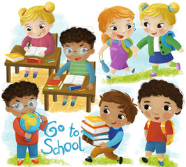 cartoon scene with school kids pupils together having fun learning on white background illustration for children