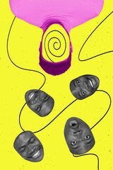 Creative banner collage of weird freak guy with no face choosing different empotions from happiness...