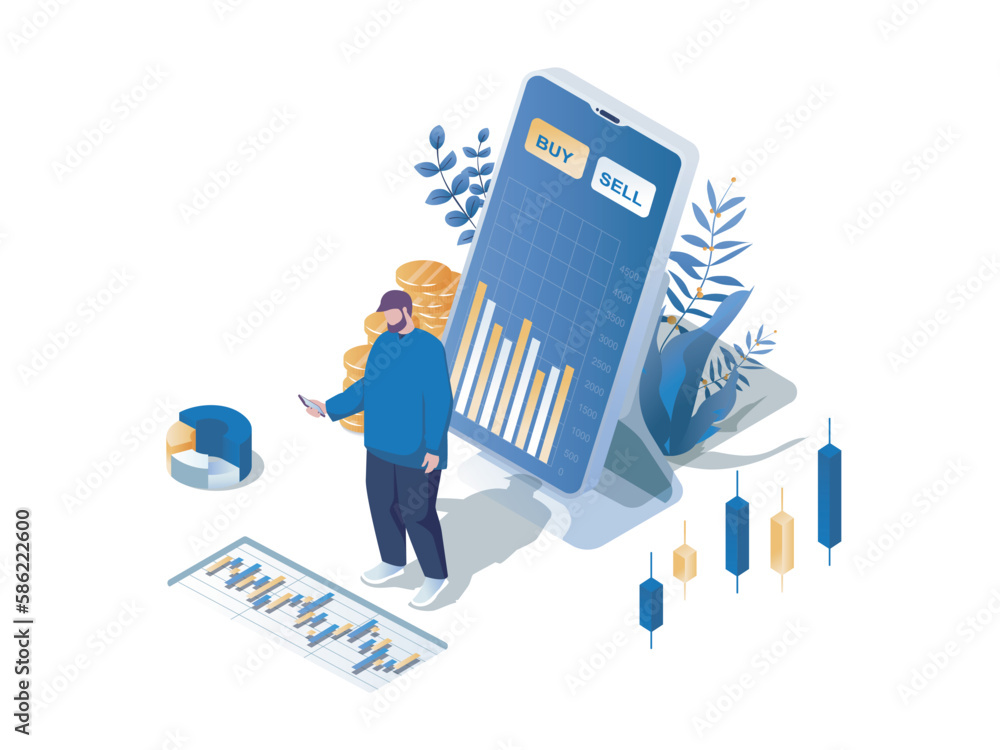 Poster investing via mobile phone concept 3d isometric web scene. people making investments using smartphon
