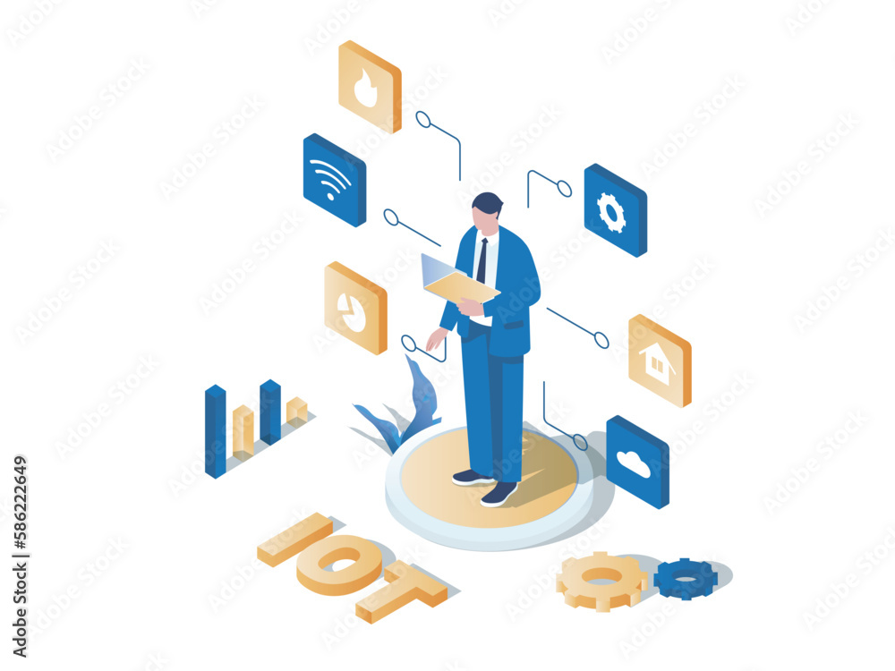 Poster IOT analytics concept 3d isometric web scene. People working with data collected from different IOT devices, using database and cloud processing data. Vector illustration in isometry graphic design