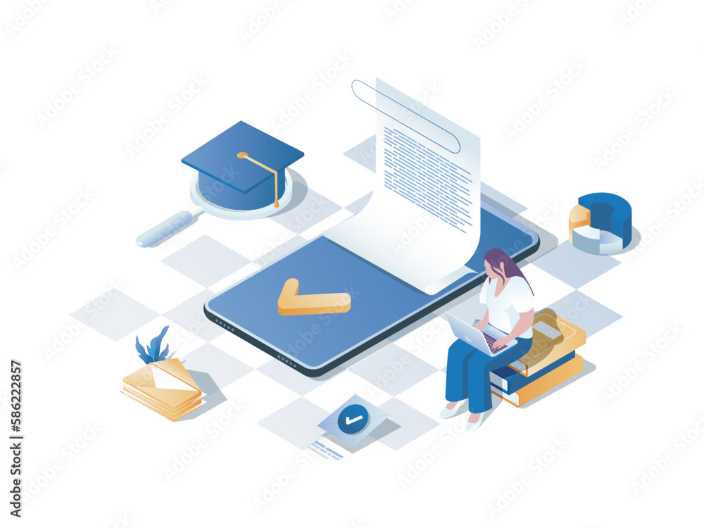 Poster learning management system concept 3d isometric web scene. people studying at online courses platfor
