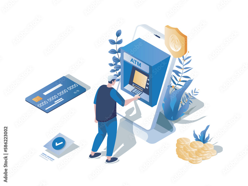 Aufkleber Online payment concept 3d isometric web scene. People make online transactions and pay using credit card in mobile application, money transfer in app. Vector illustration in isometry graphic design