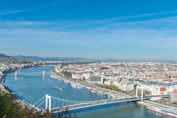 Fototapeta na wymiar Landscape of Danube River and Budapest City Dock from Citadella, Hungary.