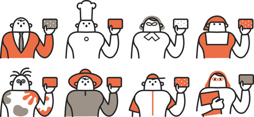 230328-1クレジットカードや保険証などのカード類を手に手に持った働く人々　セット　イラスト素材
