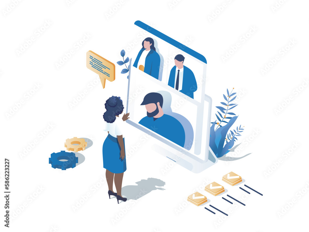 Poster remote team concept 3d isometric web scene. people discussing work tasks and talking in group video 