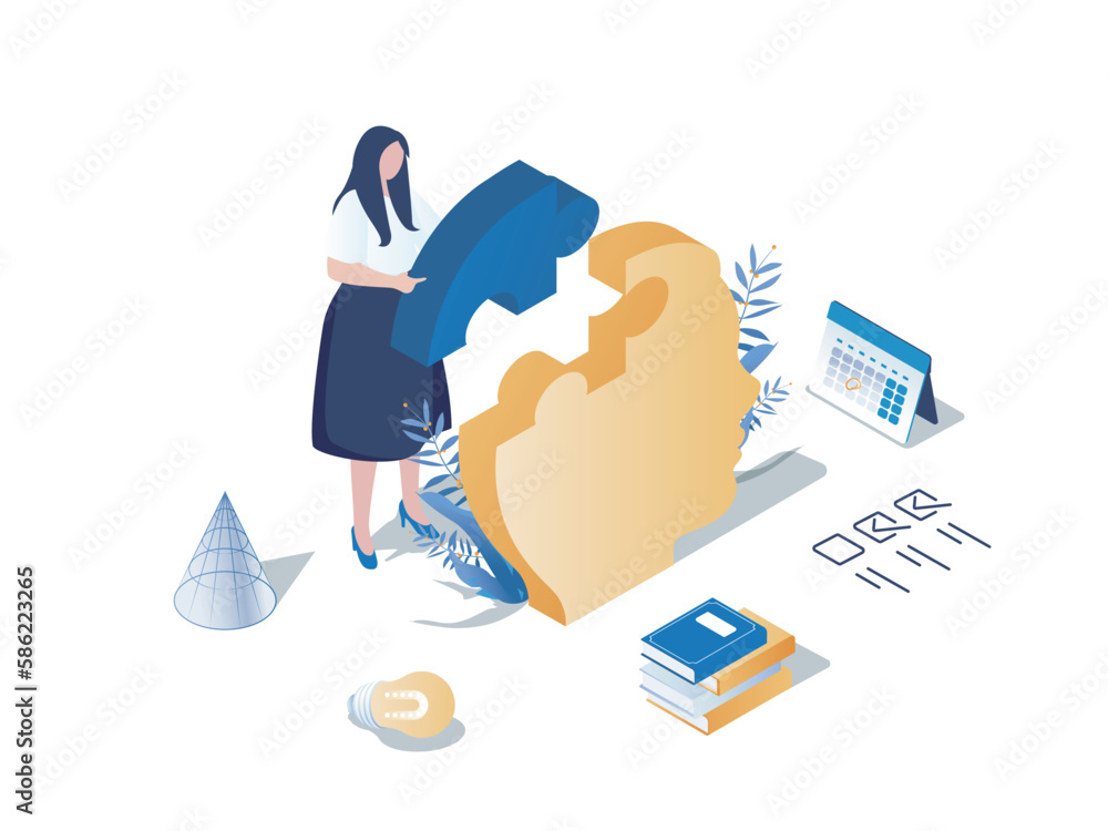 Poster Self development concept 3d isometric web scene. People improve skills, work on positive mindset, study, read books, achieving career and personal goals. Vector illustration in isometry graphic design