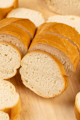 Sliced soft French baguette made of wheat flour