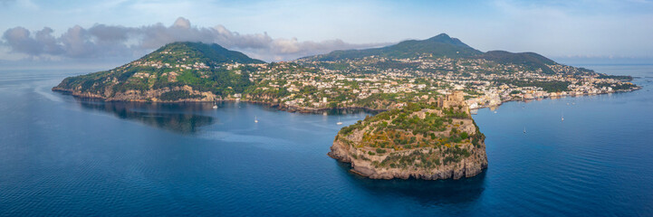 Panorama view of Ischia island and Castello Aragonese, Italy