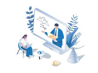 Video lesson concept 3d isometric web scene. People learning online and listening teacher at webinar, studin remotely at educational platform site. Vector illustration in isometry graphic design