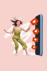 Artwork magazine collage picture of funny lady getting likes apple samsung device isolated drawing...