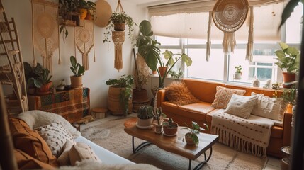 A boho style living room with warm and earthy tone