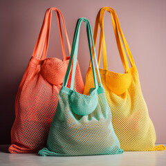 A variety of colorful reusable shopping bags. Zero waste concept. No plastic. Eco friendly mesh bags