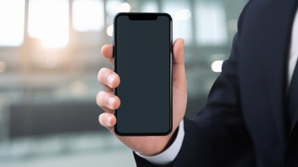 Business man hand holding smartphone with blank screen in a modern office mock up. Generative AI