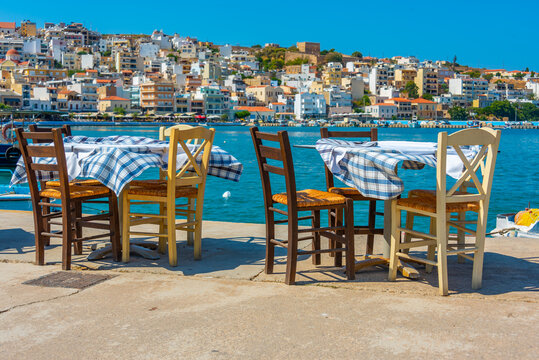 Restaurants at seaside promenade at Greek town Sitia