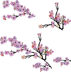 Naklejka premium Free hand Sakura flower vector set, Beautiful line art Peach blossom isolate on white background.Branch of cherry blossom for printing on wallpapers and sticker.Japanese flower.Golden line art.