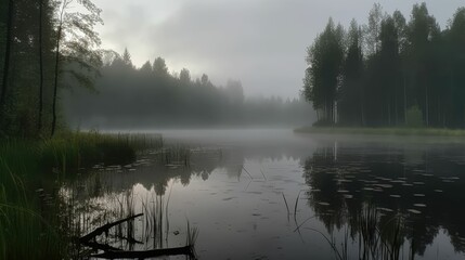 fog over the lake and trees landscape, generative AI