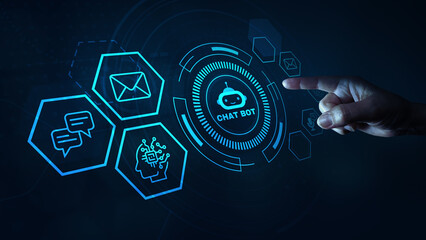 Chatbot with AI (Artificial Intelligence), search engine, businessman interacting connection to AI, use command prompt for generates idea something or solve problems, digital transformation, SEO
