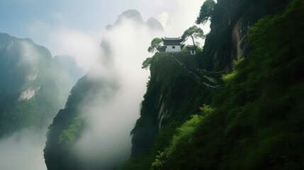 green nature in the mountains fogs,  generative AI