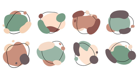 Abstract organic shapes set. Fluid dynamic blob elements. Simple irregular liquid forms, creative blots, random overlapping drops. Colored flat graphic illustration isolated on white background