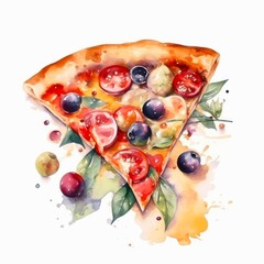 Piece of pizza on white background. Watercolor food illustration. Generative AI art.
