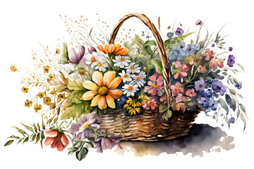 Wicker basket with colorful watercolor spring flowers. Illustration by Generative Ai
