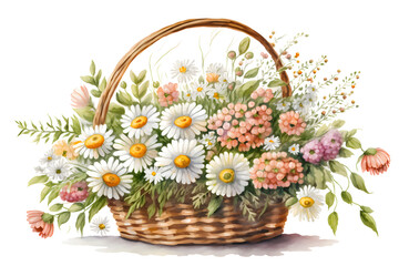 Watercolor illustration of a wicker basket with spring flowers. Illustration by Generative Ai
