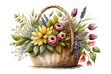 Beautiful basket with colorful spring flowers in watercolor. Illustration by Generative Ai
