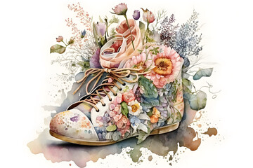 Watercolor illustration of Sneaker with spring flowers. Illustration by Generative Ai

